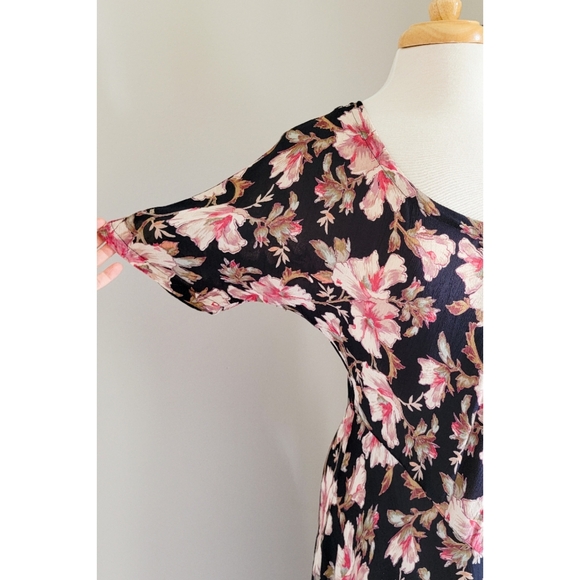 90s Black Floral Bias Cut 1990s Vintage Rayon Gauze V Neck Midi Dress - Picture 5 of 14